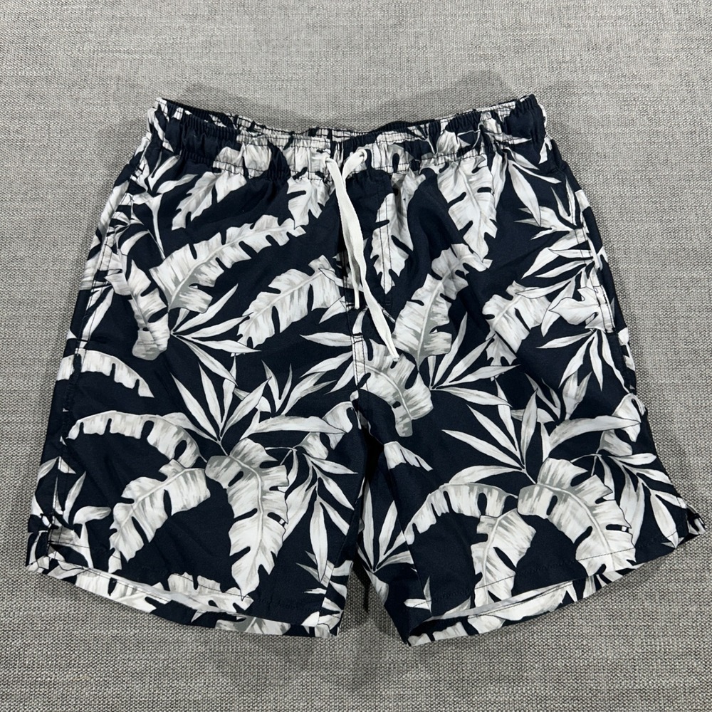 Old Navy Swim Trunks Mens Small Black White Tropical Palm Leaf Excellent 5.5in